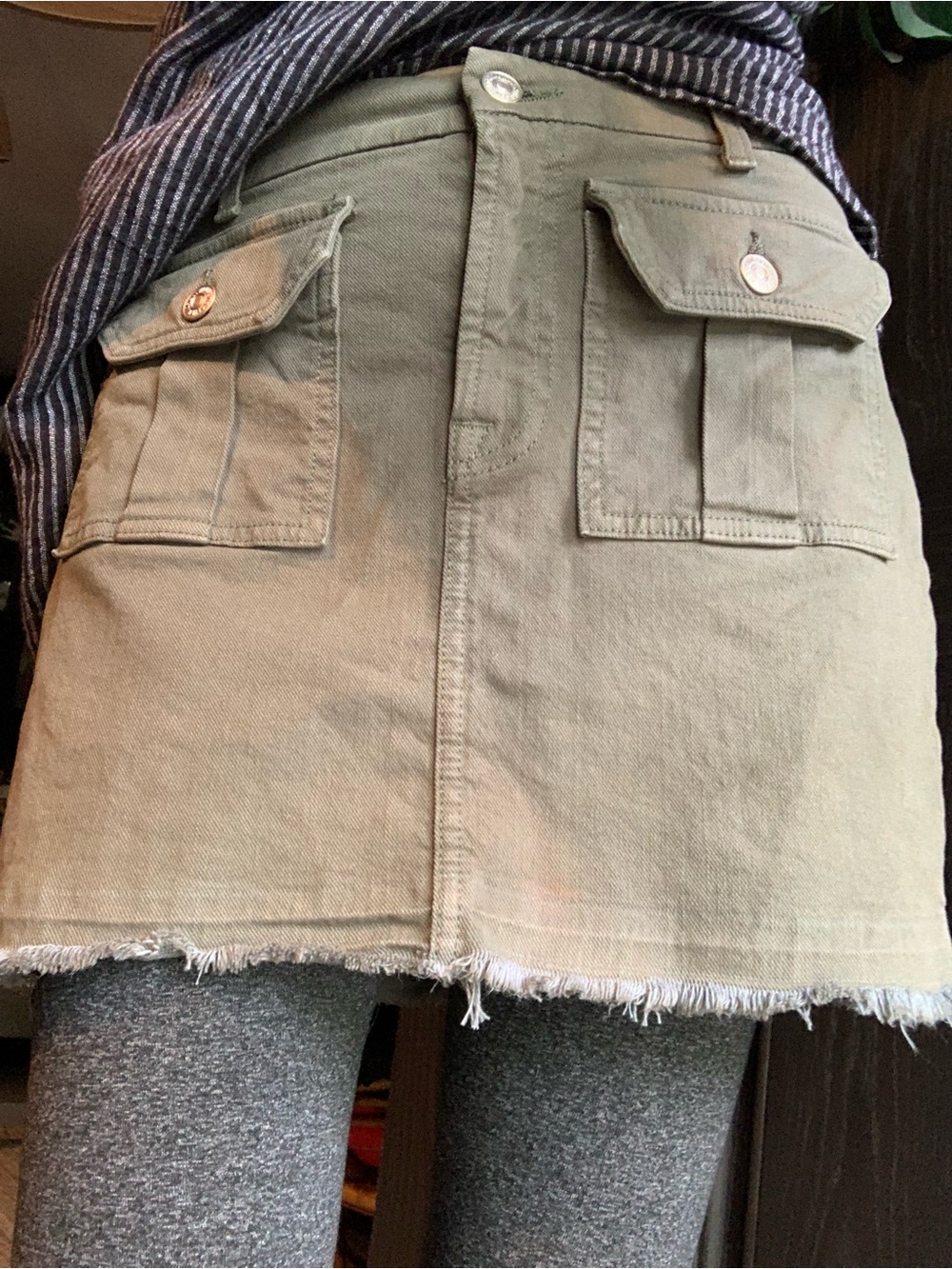 Seven For All Mankind Olive Green Button-Front Denim Mini Skirt